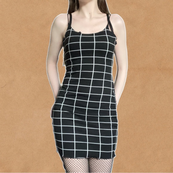 Dolls Kill Dresses & Skirts - 90s GRUNGE BLACK AND WHITE GRID PATTERN LETTUCE HEM DRESS